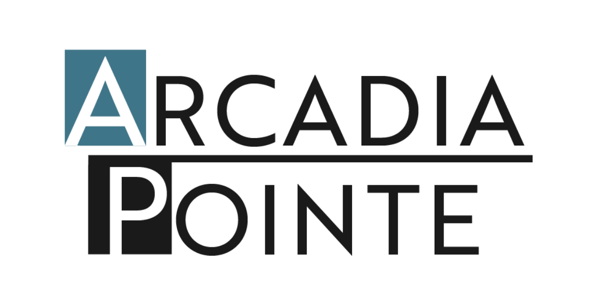 The image shows a logo with the words "ARCADIA POINTE" in a stylized font.